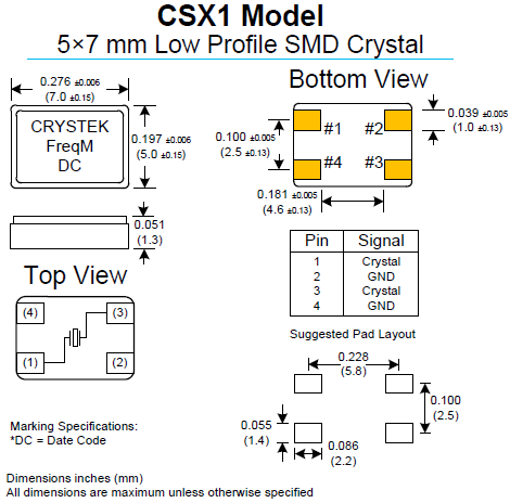 進口石英SMD諧振器,陶瓷表面7050二腳晶體,CSX1晶振